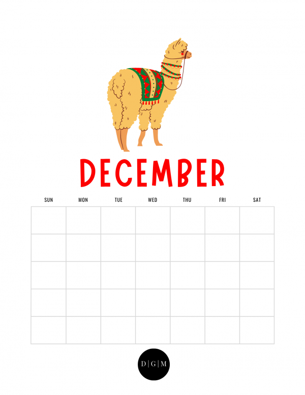 December Llama Printable Calendar Page